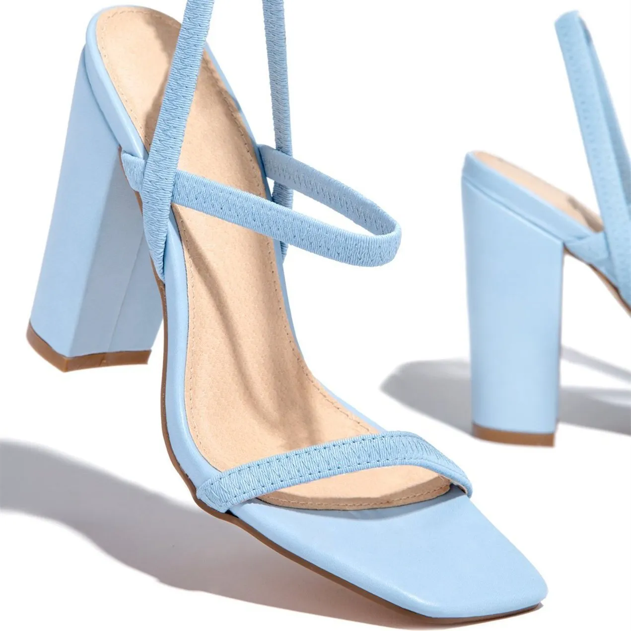 Women square peep toe ankle strap slingback chunky heels