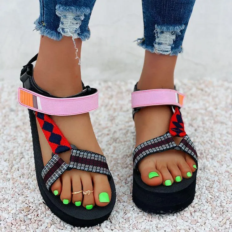 Women summer color block Velcro platform sandals