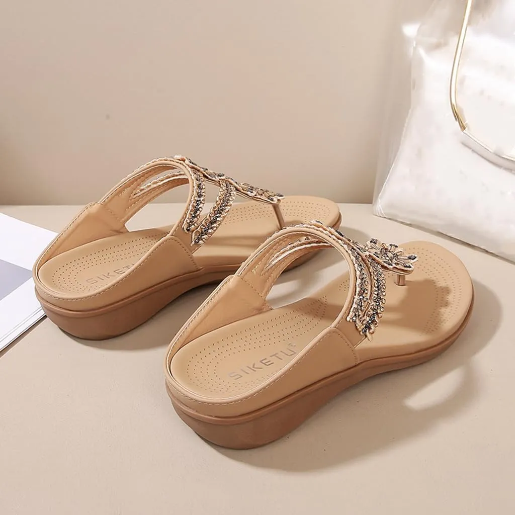 Women's Bohemian Flat Flipflops Sandals Rhinestone Embellished Comfort Summer Flip Flop Beach Sandal