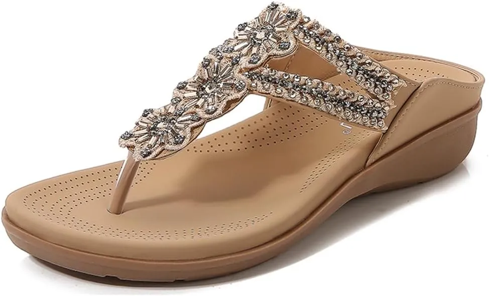 Women's Bohemian Flat Flipflops Sandals Rhinestone Embellished Comfort Summer Flip Flop Beach Sandal