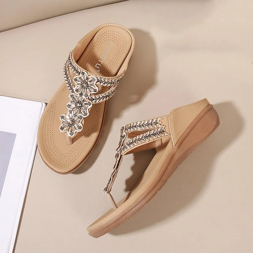 Women's Bohemian Flat Flipflops Sandals Rhinestone Embellished Comfort Summer Flip Flop Beach Sandal