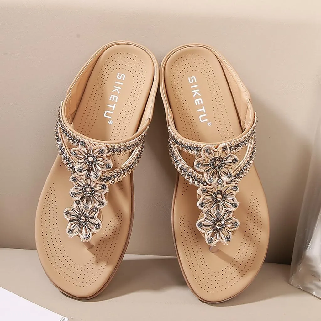 Women's Bohemian Flat Flipflops Sandals Rhinestone Embellished Comfort Summer Flip Flop Beach Sandal