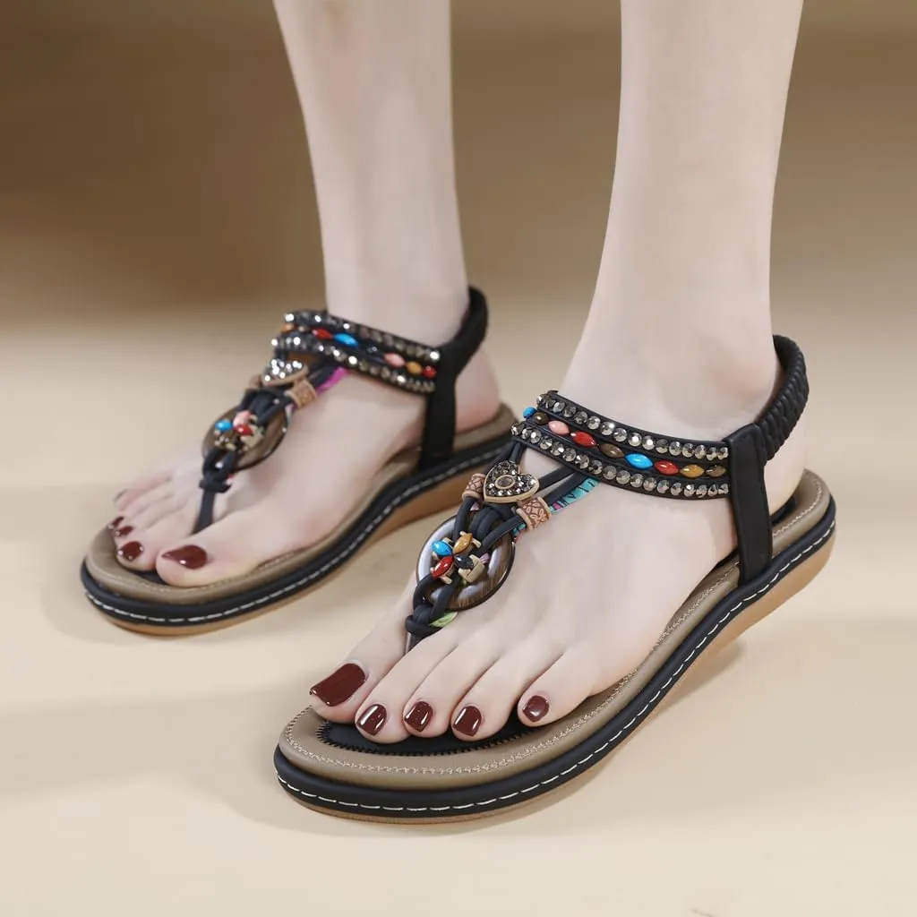 Women's Bohemian Rhinestone T-strap Flat Sandals Summer Comfy Flipflops Embellished Beach Thong Sandal