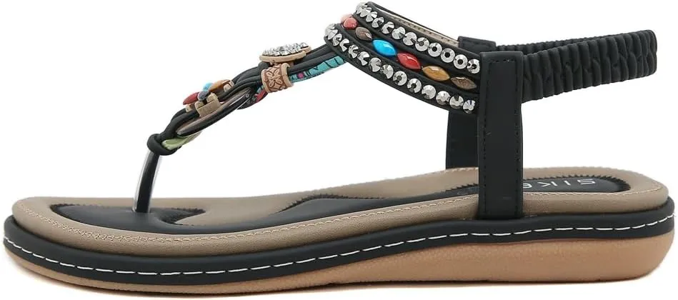 Women's Bohemian Rhinestone T-strap Flat Sandals Summer Comfy Flipflops Embellished Beach Thong Sandal