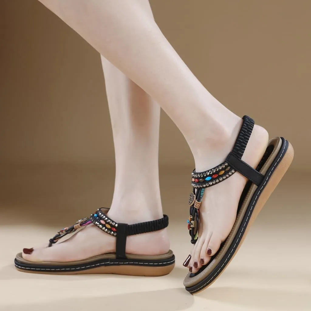 Women's Bohemian Rhinestone T-strap Flat Sandals Summer Comfy Flipflops Embellished Beach Thong Sandal
