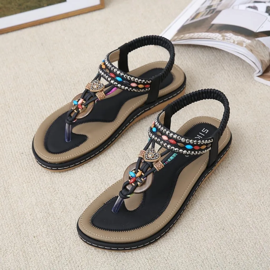 Women's Bohemian Rhinestone T-strap Flat Sandals Summer Comfy Flipflops Embellished Beach Thong Sandal