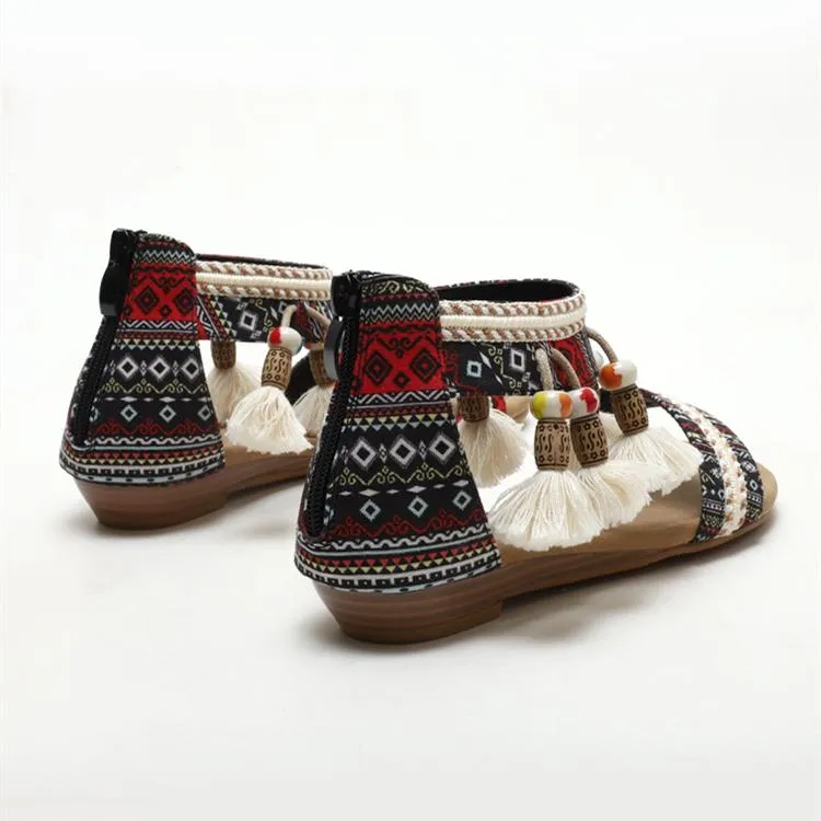 Women's boho beads poms sandals flat beach sandals