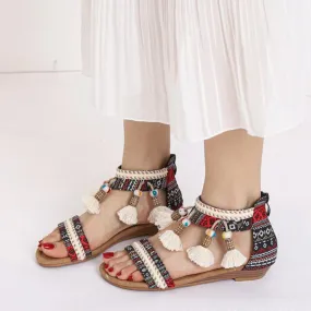 Women's boho beads poms sandals flat beach sandals