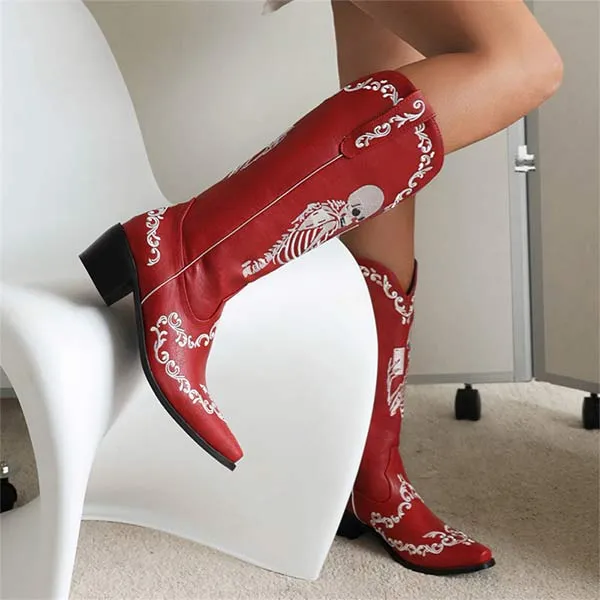 Women'S Embroidered High Block Heel Western Cowboy Boots 70475337C