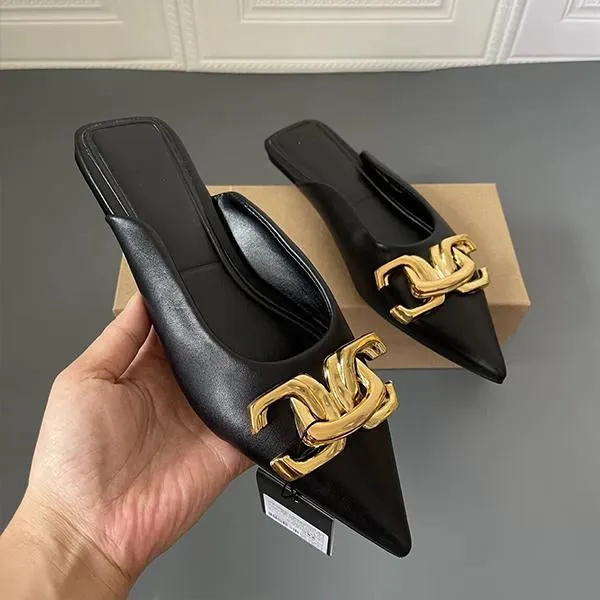 Women's Fashionable Pointed Toe Buckle Decorated Flat Slippers 33004057S