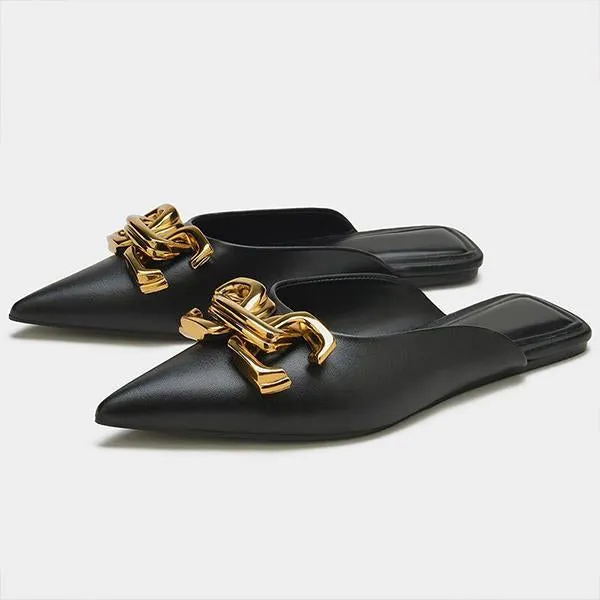 Women's Fashionable Pointed Toe Buckle Decorated Flat Slippers 33004057S