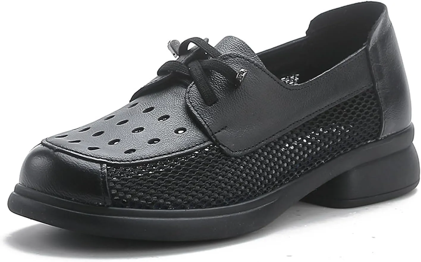 Women's Leather Hollow Chunky Heel Lace-Up Loafers Comfortable Round Toe Mesh Breathable Comfortable Non-Slip Walking Shoes