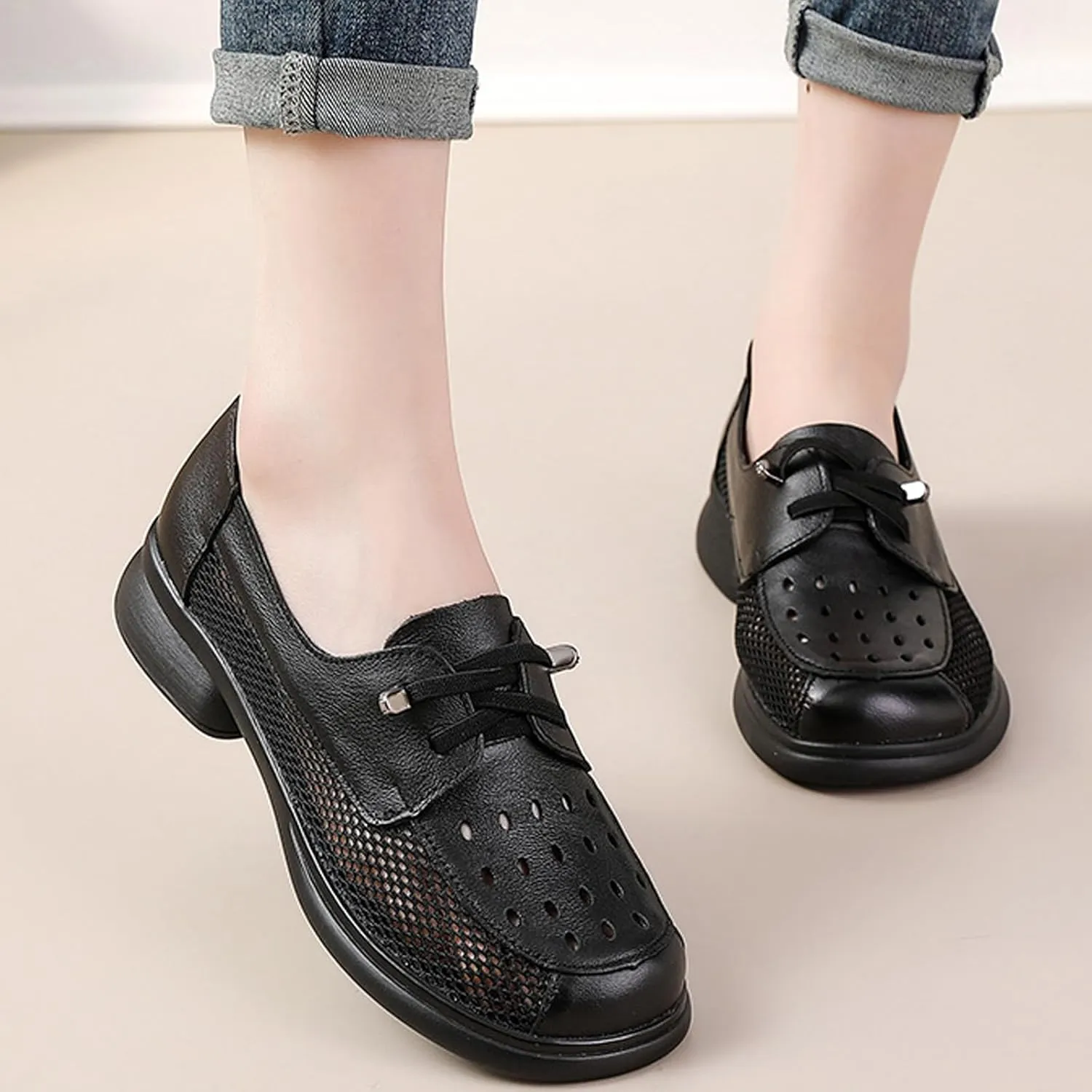 Women's Leather Hollow Chunky Heel Lace-Up Loafers Comfortable Round Toe Mesh Breathable Comfortable Non-Slip Walking Shoes