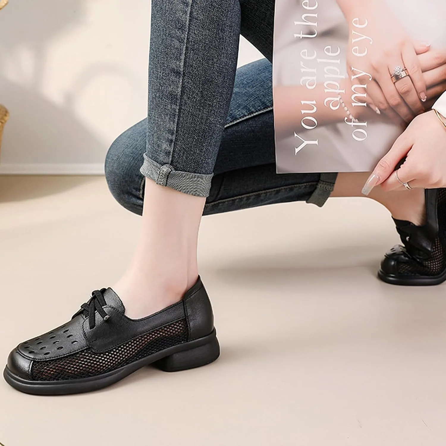 Women's Leather Hollow Chunky Heel Lace-Up Loafers Comfortable Round Toe Mesh Breathable Comfortable Non-Slip Walking Shoes