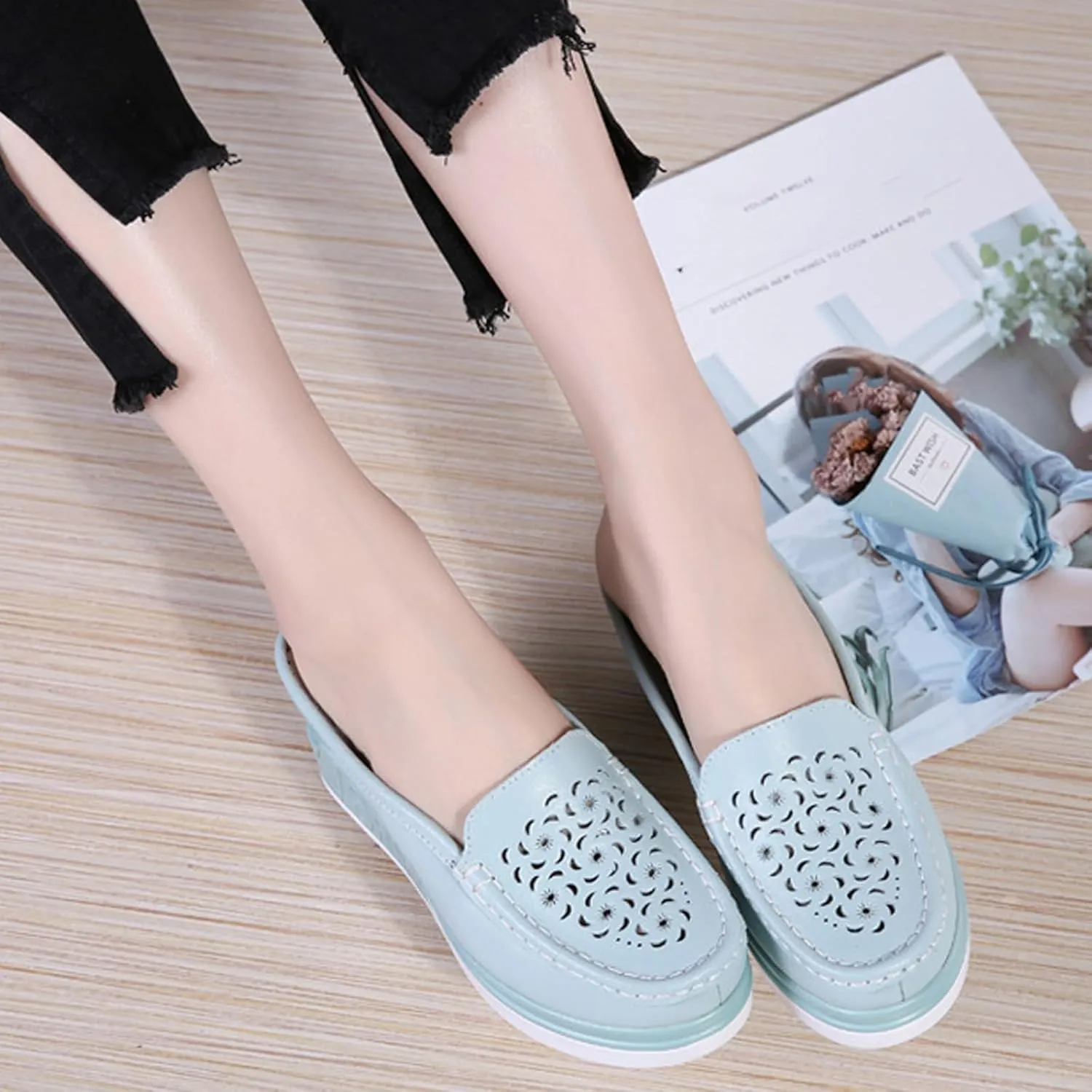 Women's Leather Hollow Platform Increase Height Mules,Comfortable Slip On Elegant Wedge Walking Sandals Closed Toe Backless Fashion Casual Breathable Beach Slippers