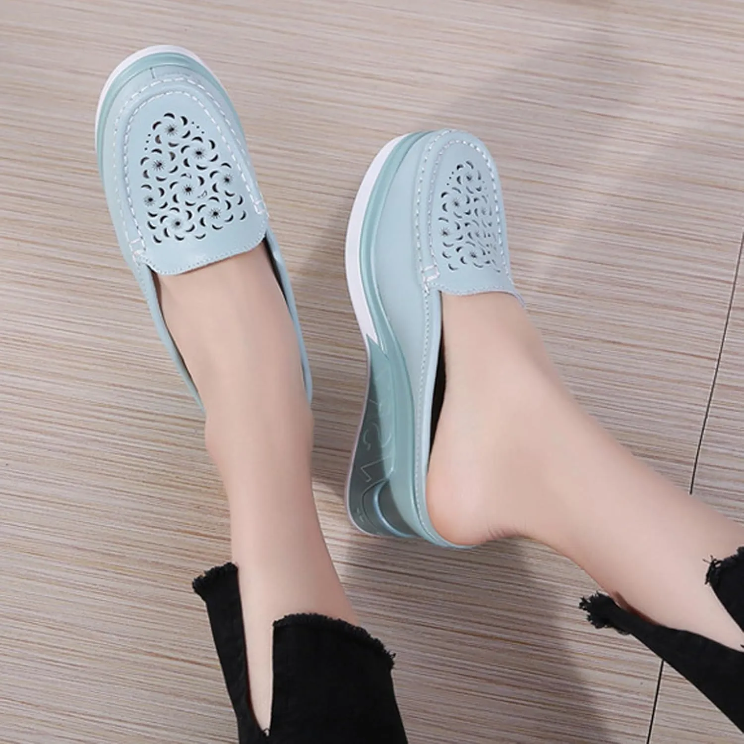 Women's Leather Hollow Platform Increase Height Mules,Comfortable Slip On Elegant Wedge Walking Sandals Closed Toe Backless Fashion Casual Breathable Beach Slippers