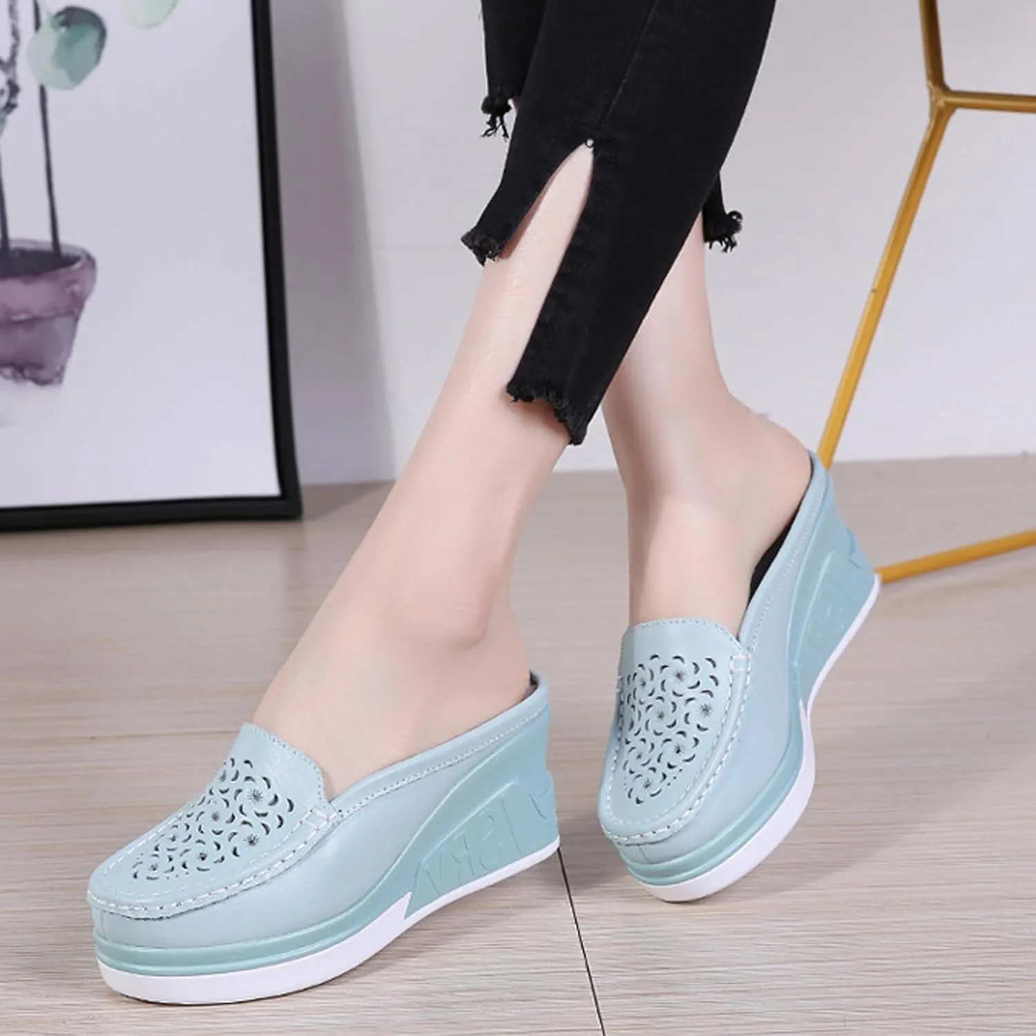 Women's Leather Hollow Platform Increase Height Mules,Comfortable Slip On Elegant Wedge Walking Sandals Closed Toe Backless Fashion Casual Breathable Beach Slippers