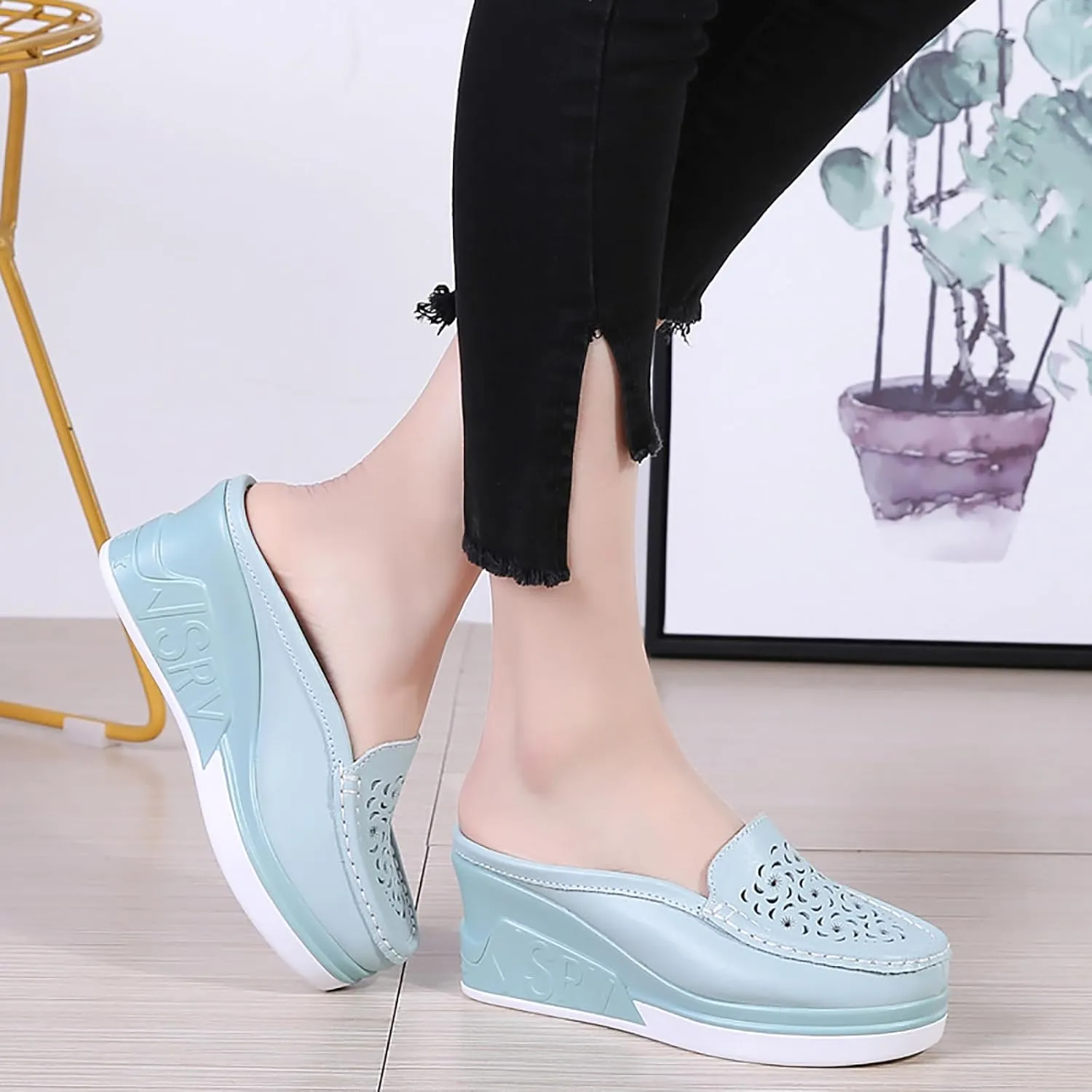 Women's Leather Hollow Platform Increase Height Mules,Comfortable Slip On Elegant Wedge Walking Sandals Closed Toe Backless Fashion Casual Breathable Beach Slippers