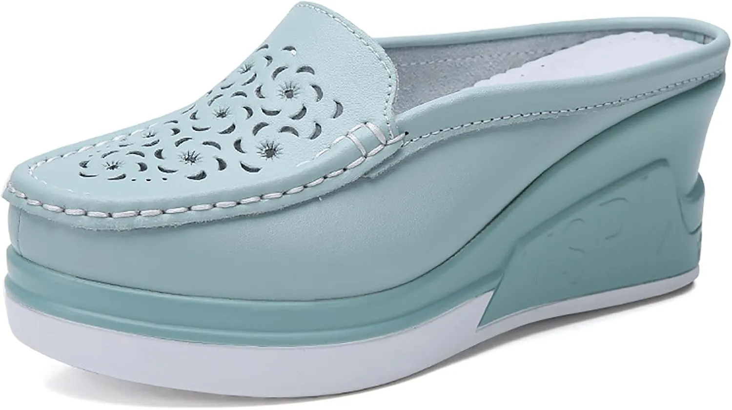 Women's Leather Hollow Platform Increase Height Mules,Comfortable Slip On Elegant Wedge Walking Sandals Closed Toe Backless Fashion Casual Breathable Beach Slippers