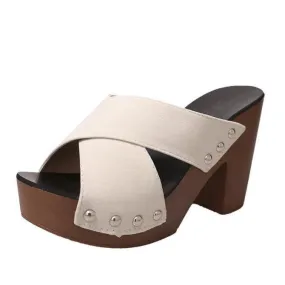Women's peep toe criss arch support chunky high heel slip on sandals