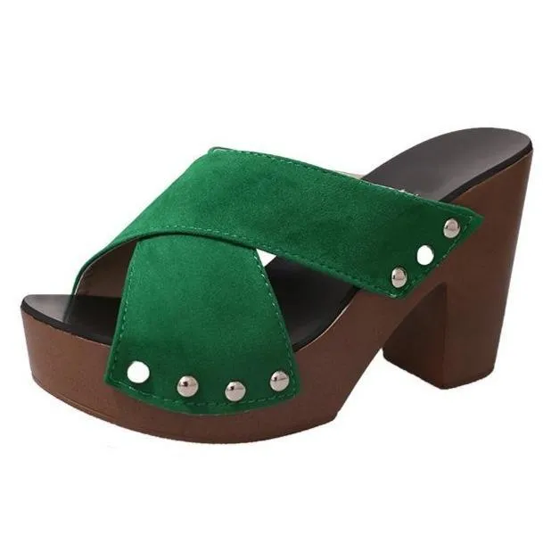 Women's peep toe criss arch support chunky high heel slip on sandals