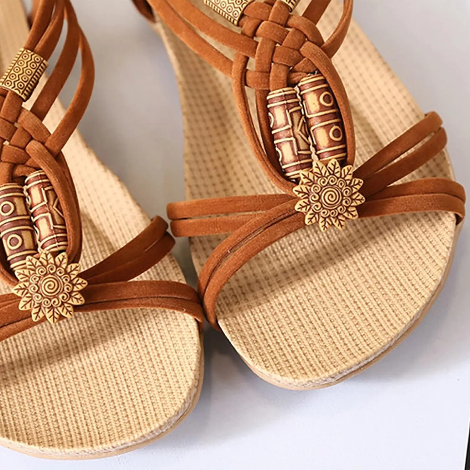 Womens Sandals Retro Slip on Peep Toe Flip Flop Comfortable Large Size Bohemia Summer Beach Flats Shoes